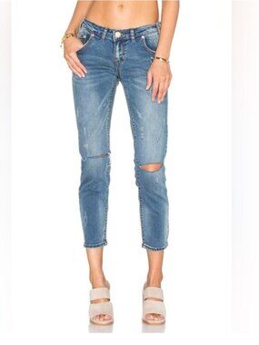 Revolve OTS womens Jeans Crop Blue indigo straight leg festival western grunge